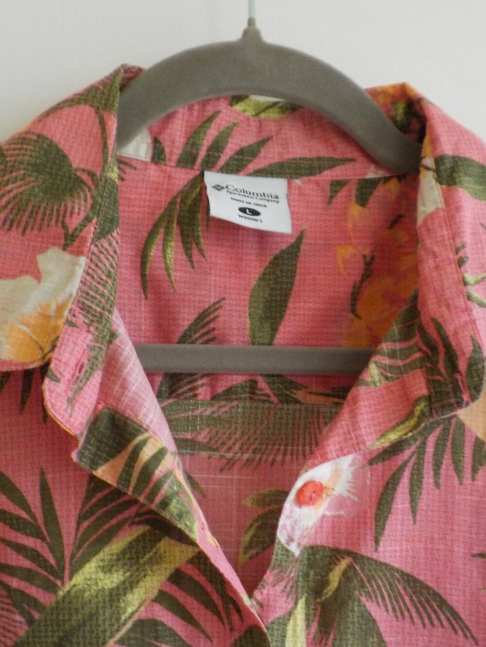 Columbia Blouse - Large - Pink COTTON Tropical Button Up Short Sleeve (2438) - Picture 2 of 5